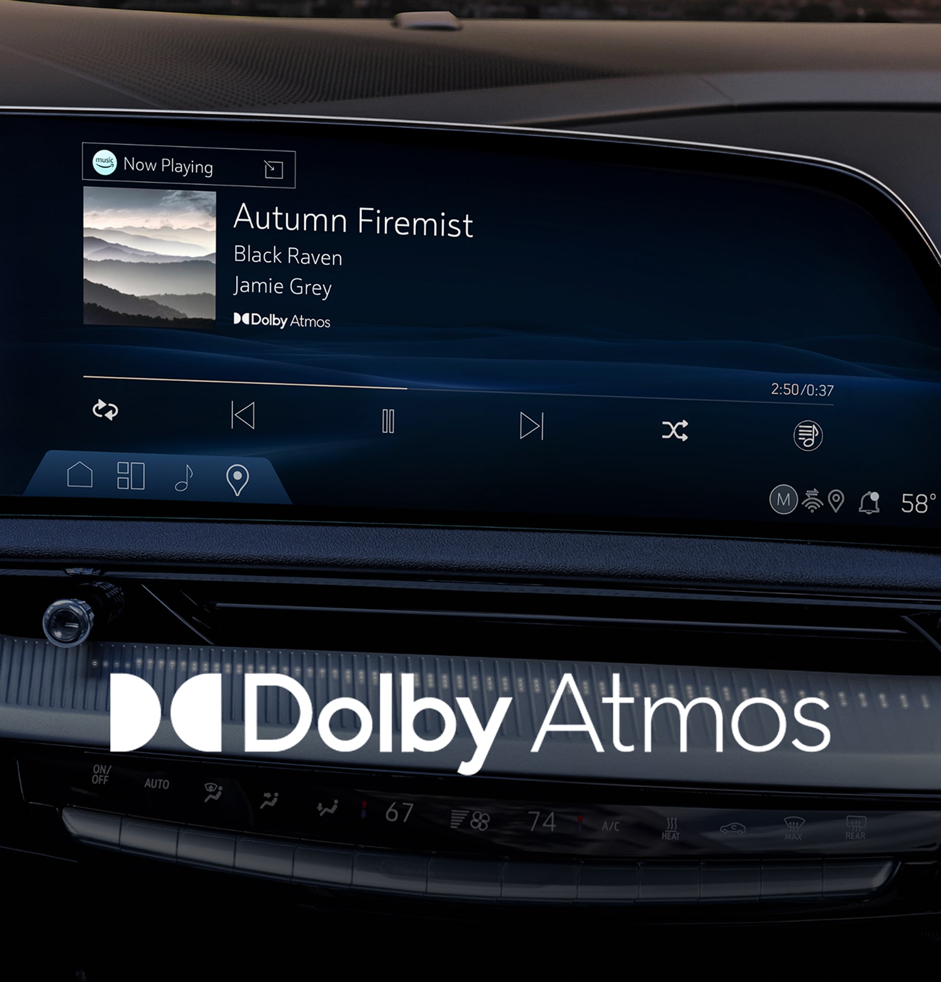 The interior of a vehicle at dusk, featuring a widescreen infotainment system with a music player interface displaying the song "Autumn Firemist" by "Black Raven," with the Dolby Atmos logo prominently shown below the screen.