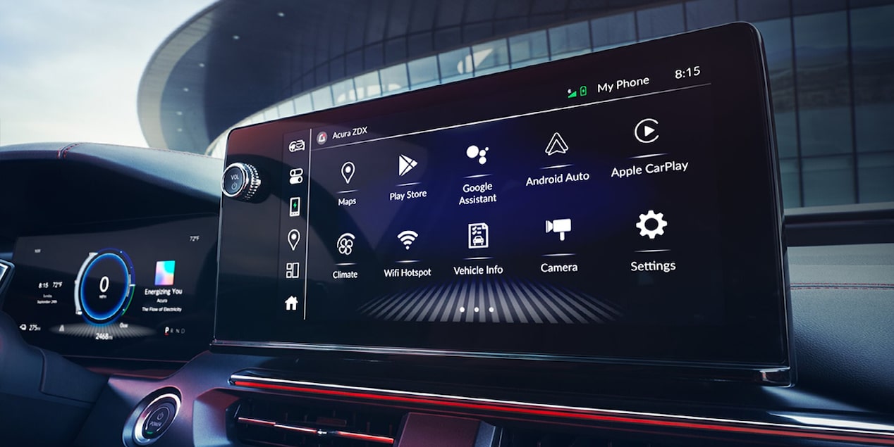 Close-up of the infotainment system in a Acura vehicle displaying Google Built-In