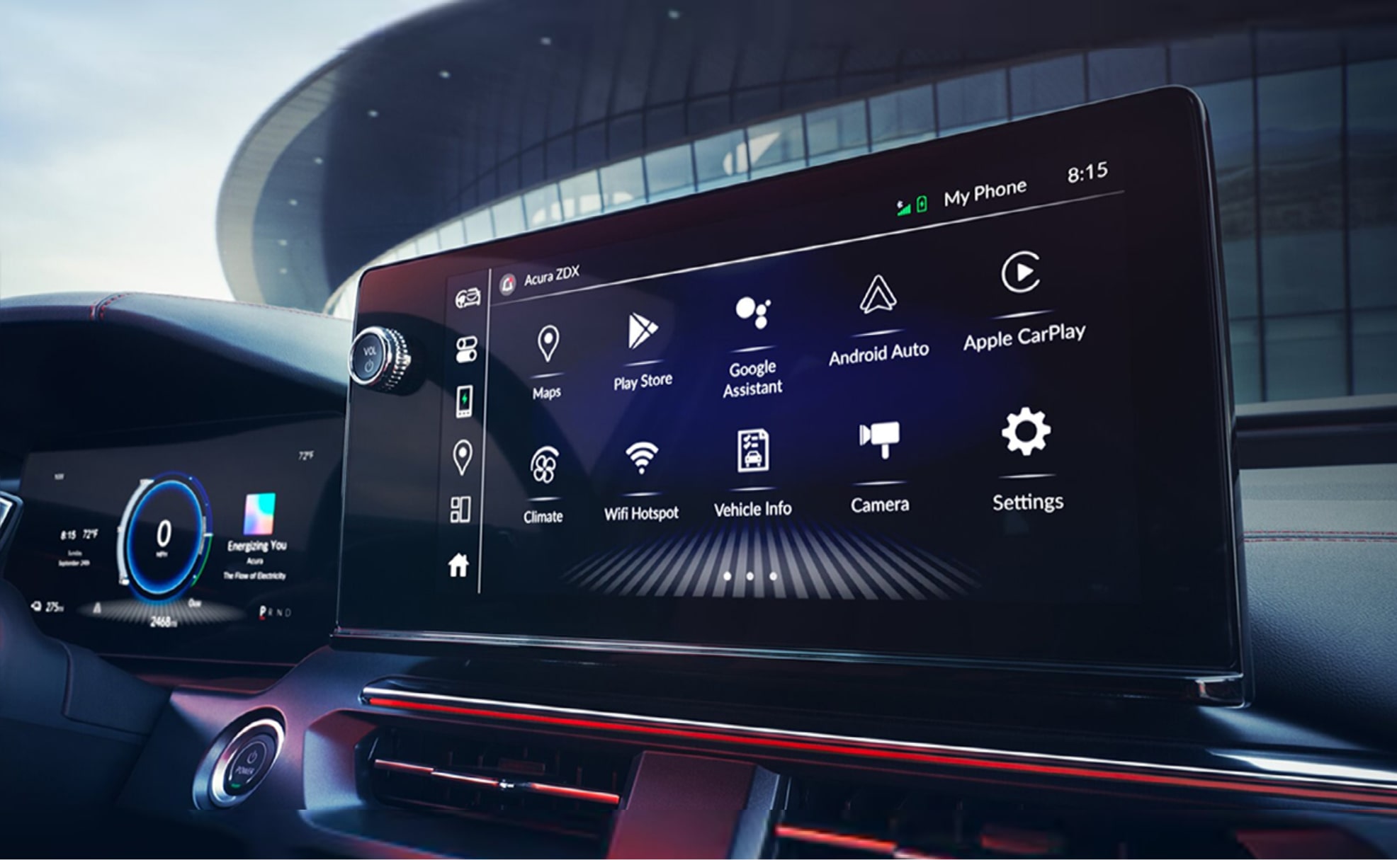 Close-up of the infotainment system in a Acura vehicle displaying Google Built-In