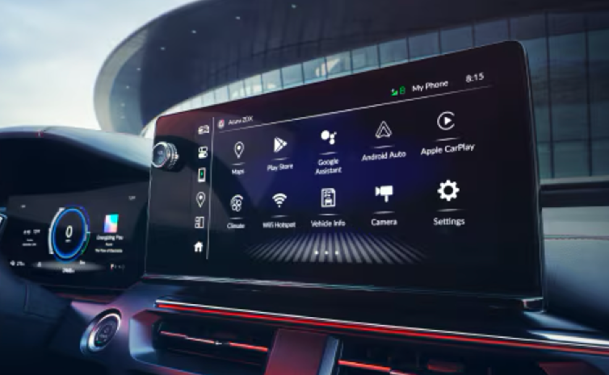 Close-up of the infotainment system in a Acura vehicle displaying Google Built-In
