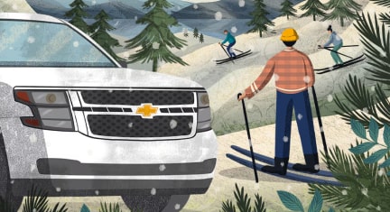 Illustration of GM Vehicle and Man Skiing