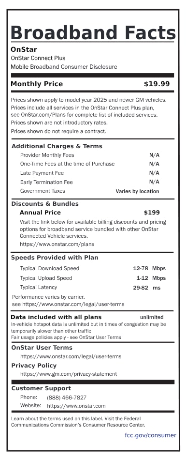 A broadband fact sheet that outlines the OnStar Connect Plus data plan for 2025 and newer vehicles at a monthly price of $19.99.