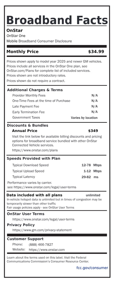 A broadband fact sheet that presents the OnStar One data plan for 2025 and newer vehicles, costing $34.99 per month.