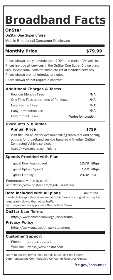 A broadband fact sheet that presents the OnStar One Super Cruise plan for 2024 and earlier vehicles, priced at $79.99 per month.