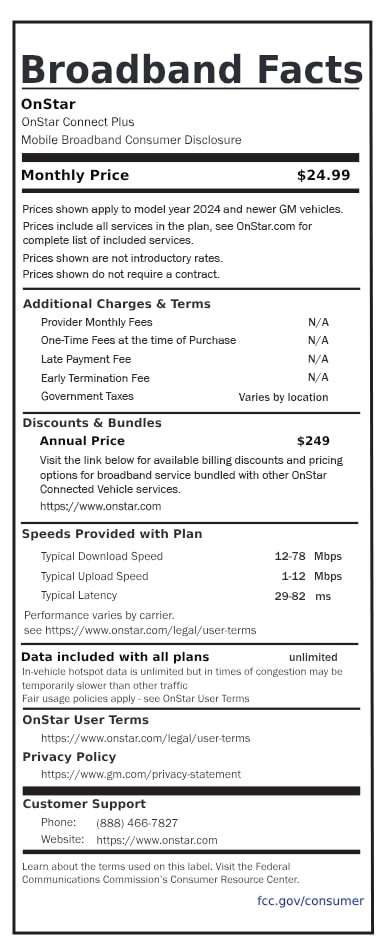 A broadband fact sheet that outlines the OnStar Connect Plus Data plan for 2024 and earlier vehicles, costing $24.99 per month.