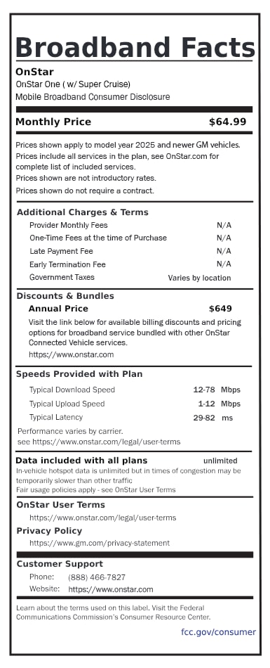 A broadband fact sheet that displays the OnStar One Super Cruise plan for 2025 and newer vehicles, priced at $64.99 per month.