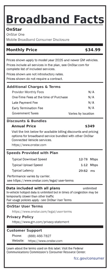 A broadband fact sheet that presents the OnStar One data plan for 2025 and newer vehicles, costing $34.99 per month.