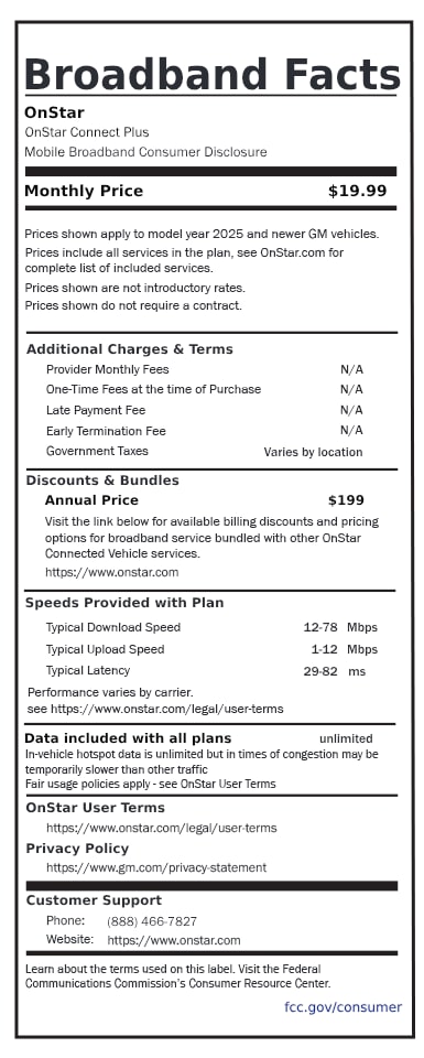 A broadband fact sheet that outlines the OnStar Connect Plus data plan for 2025 and newer vehicles at a monthly price of $19.99.