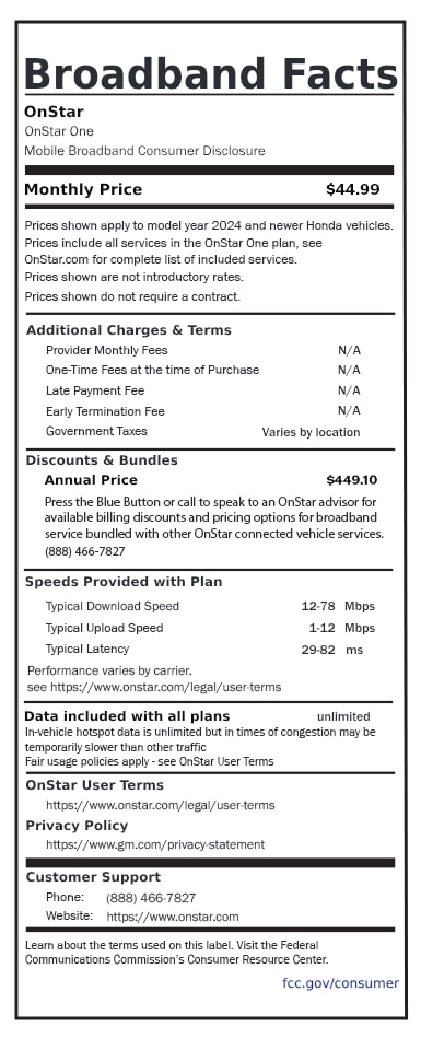 A broadband fact sheet that outlines the OnStar One data plan for Honda vehicles, costing $44.99 per month.