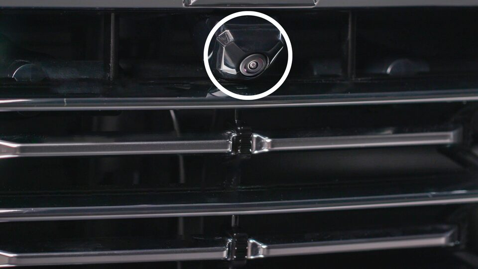 Close-up of the vehicle's front grille camera