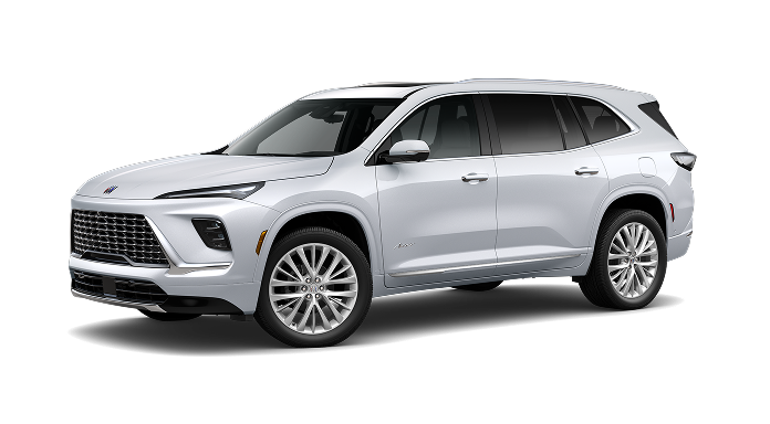 A white Buick Enclave SUV, a luxury vehicle with driver assistance technology for compatible roads.