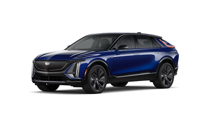 A blue Cadillac LYRIQ Signature Sport electric SUV, a Super Cruise compatible vehicle with connected navigation.