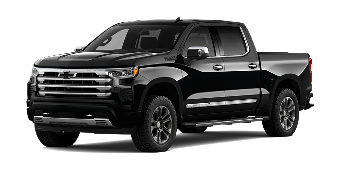 A black Chevrolet Silverado 1500 High Country Crew Cab truck, compatible with Super Cruise hands-free highway driving.