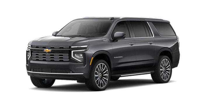A dark ash metallic Chevrolet Suburban High Country SUV, equipped for Super Cruise hands-free driving.