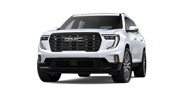 A white GMC Acadia Denali Ultimate SUV, equipped with advanced driving technology for hands-free highway driving.