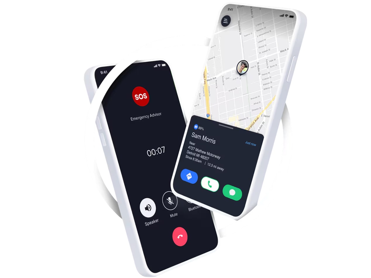 Two smartphones display OnStar features, one showing an SOS emergency call screen and the other a map with active navigation.