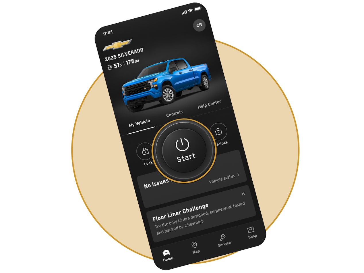 A smartphone screen shows the OnStar mobile app interface featuring a blue 2025 Chevrolet Silverado truck and a prominent "Start" button.