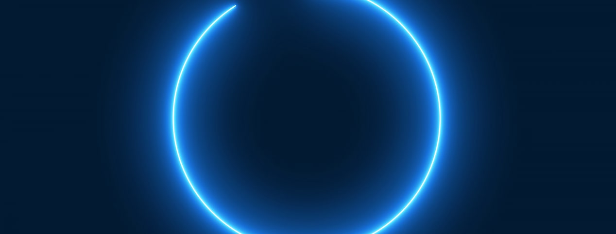 A glowing blue incomplete circle illuminates a dark blue background.