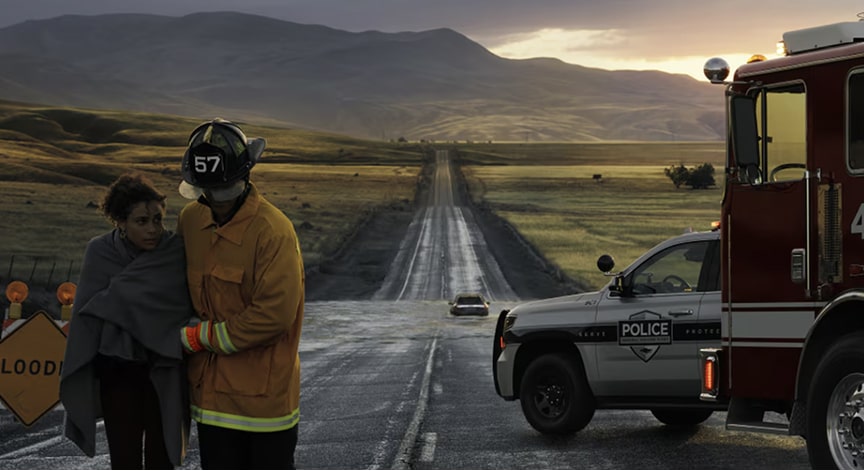 A firefighter assists a person wrapped in a blanket next to a fire truck and police vehicle on a wet, rural road at sunset.