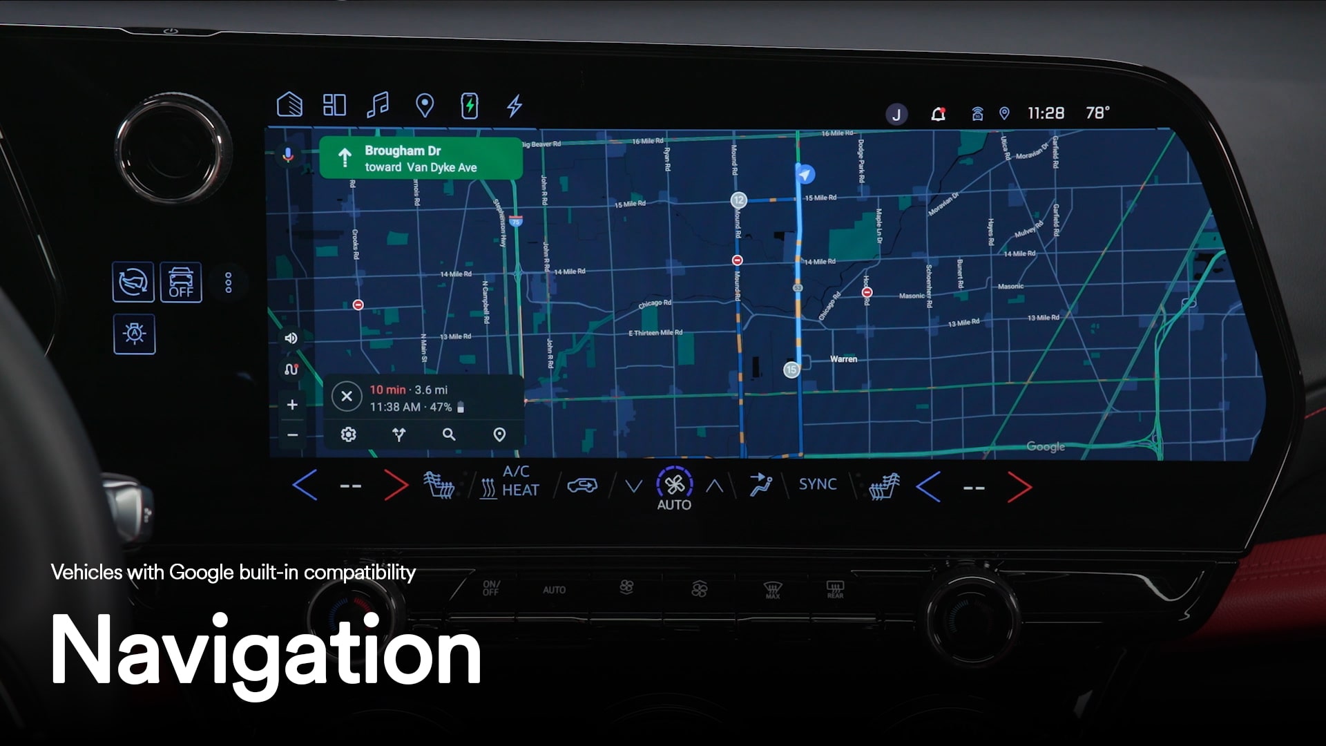 Close-up of the infotainment screen displaying a map with text overlay "Navigation"