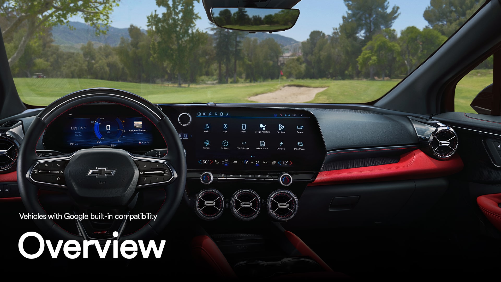 Close-up of the infotainment screen with text overlay "Overview"