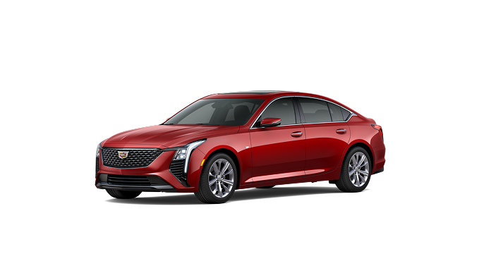 A red Cadillac CT5 luxury sedan, a connected vehicle that supports Super Cruise hands-free driving.