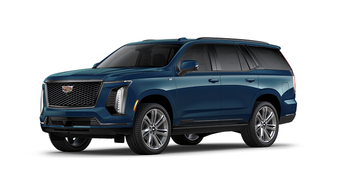 A blue Cadillac Escalade Platinum Sport SUV, offering hands-free highway driving with Super Cruise functionality.