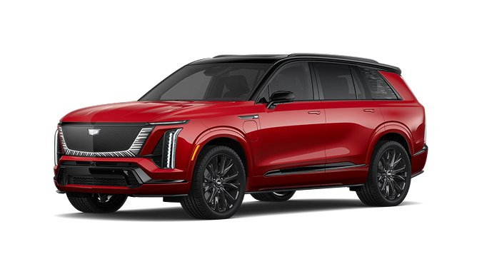 A red Cadillac VISTIQ Platinum electric SUV, designed for Super Cruise hands-free highway driving.