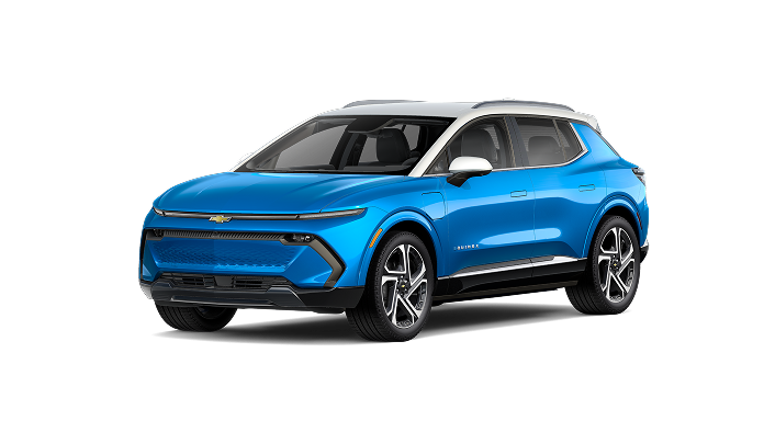 A blue 2025 Chevrolet Equinox EV SUV, an electric vehicle featuring connected navigation for Super Cruise.