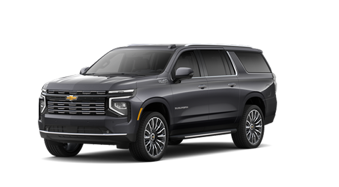 A dark ash metallic Chevrolet Suburban High Country SUV, equipped for Super Cruise hands-free driving.