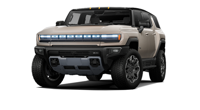 A tan GMC Hummer EV SUV is presented in a front-angled view.