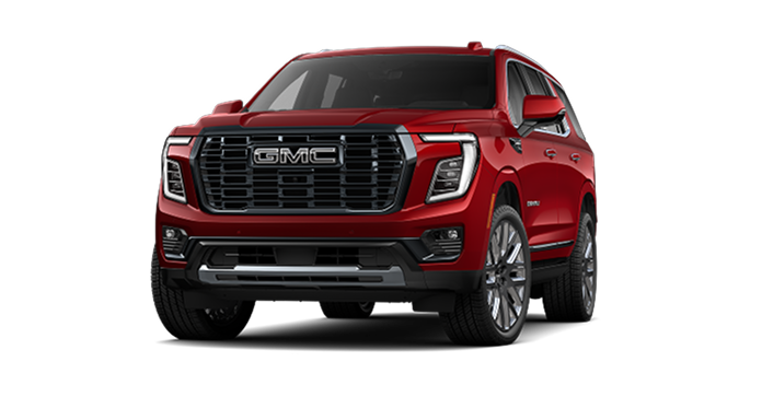 A red GMC Yukon Denali Ultimate SUV is shown from the front, featuring a large grille and bold headlights.