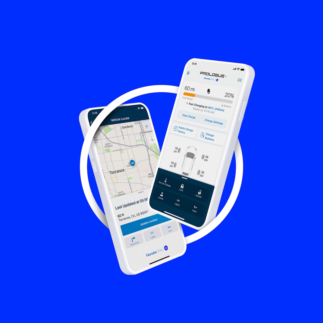 Two smartphones displaying the HondaLink mobile app