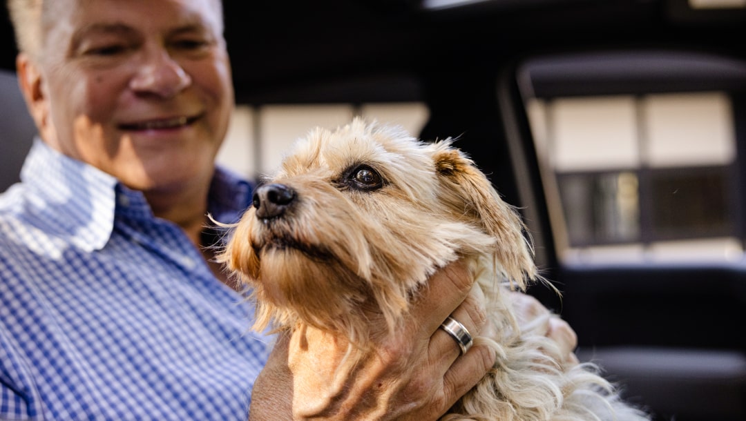 A man in a blue plaid shirt holds a small, tan-colored terrier mix dog in a car.
