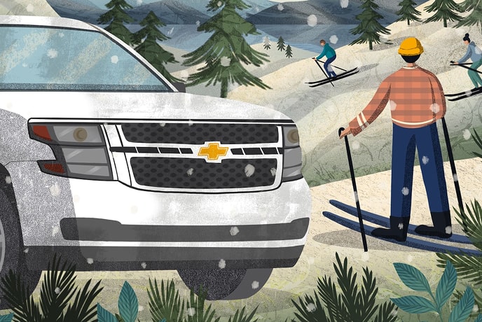 A cartoon image of a man sking on a snowy mountain next to a parked Chevy SUV.