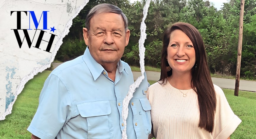 An image of an older couple next to the text overlay of "Tell Me What Happened".  