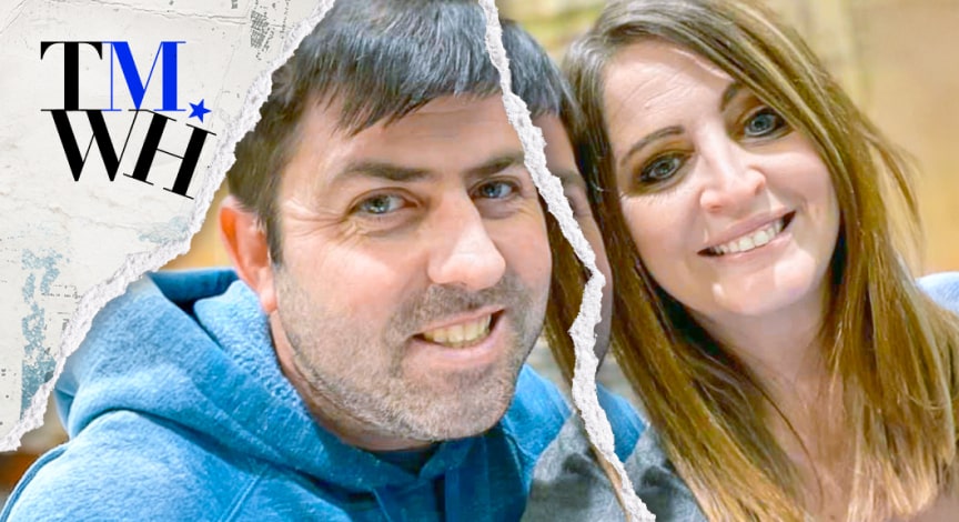 A man and a woman taking a selfie together next to the text overlay of "Tell Me What Happened". 