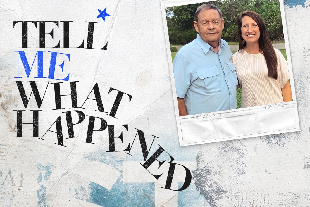 An image of an older couple next to the text overlay of "Tell Me What Happened".