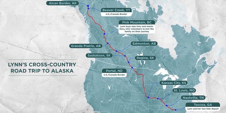 Lynn's Cross Country Road Trip to Alaska Displayed On a Map