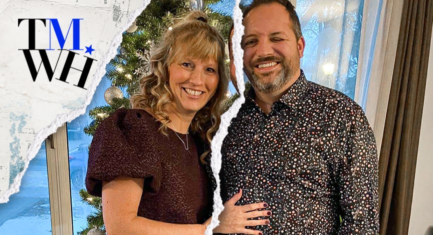 An older couple taking a photo in their house in front of a Christmas tree next to the text overlay of "Tell Me What Happened".   