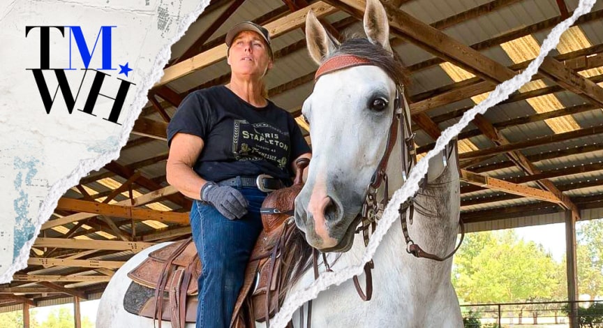 A man a white horse next to the text overlay of "Tell Me What Happened".