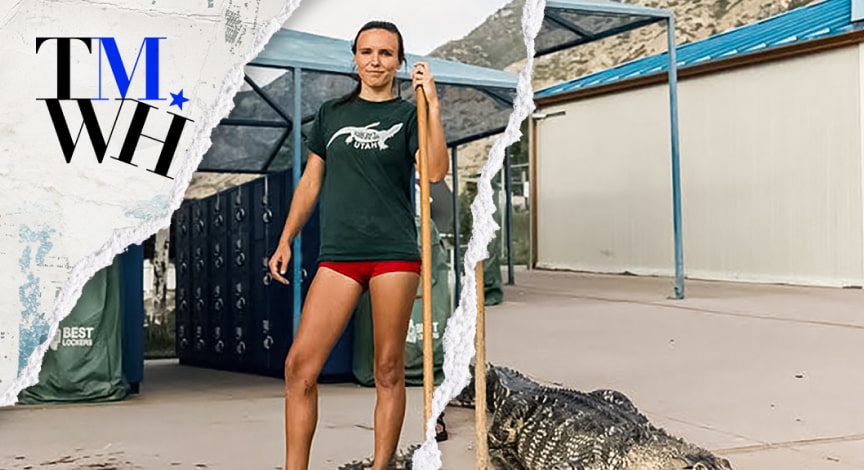 A person standing next to an alligator while smiling for a photo next to the text overlay of "Tell Me What Happened".