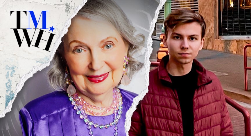A photo of an older lady next to a photo of a young man wearing red jacket next to the text overlay of "Tell Me What Happened".
