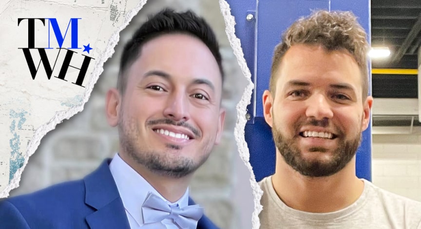 Two photos of a men individually next to the text overlay of "Tell Me What Happened".