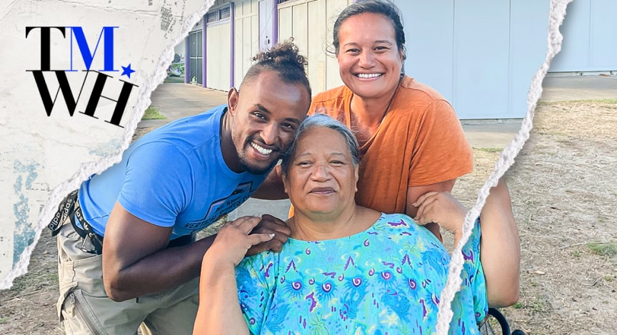 Three people posing for a photo outside next to the text overlay of "Tell Me What Happened".