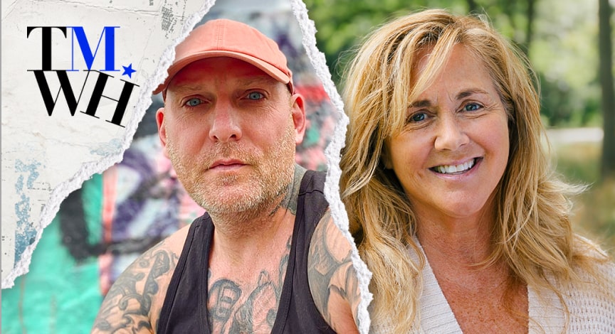 Two photos of a man with tattoos and a woman  next to the text overlay of "Tell Me What Happened".