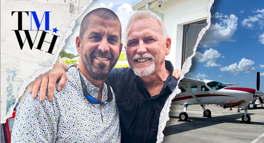 An image of side view of an airplane next to another image of two men taking a picture next to the text overlay of "Tell Me What Happened". 