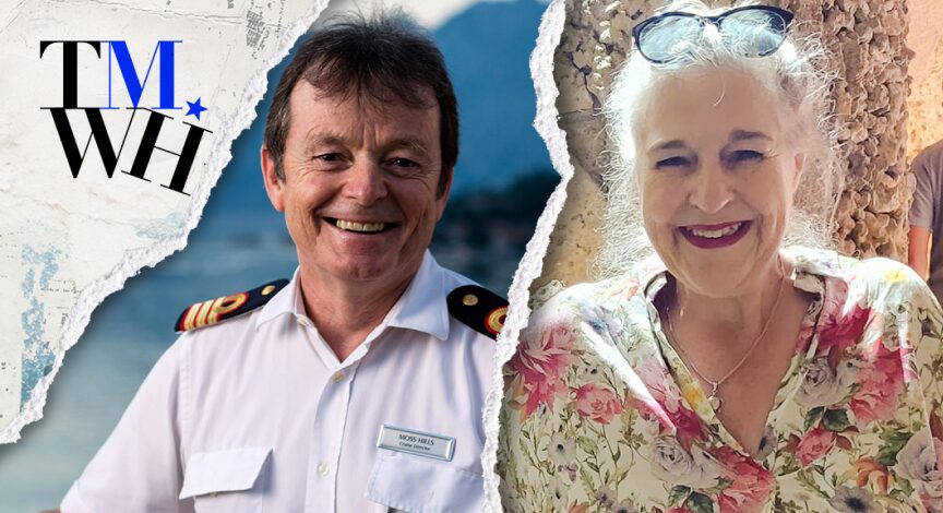 A man wearing a navy uniform in a split view next an elderly woman smiling.