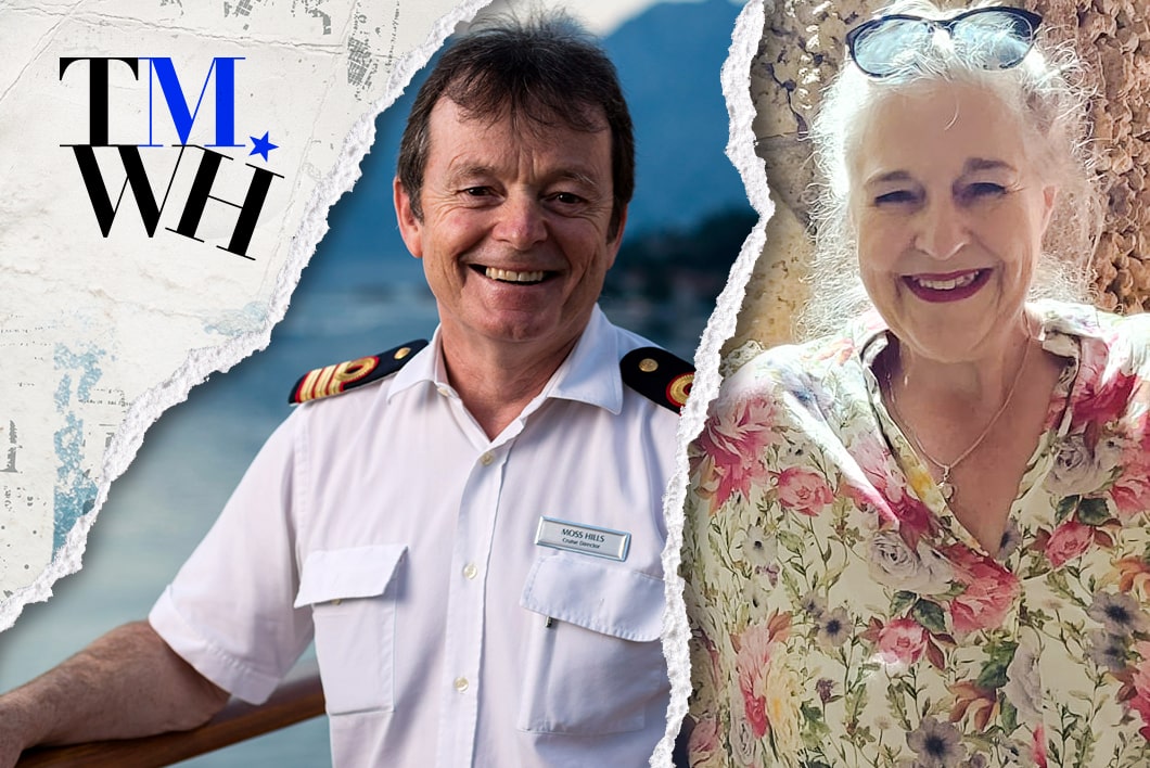 A man wearing a navy uniform in a split view next an elderly woman smiling.