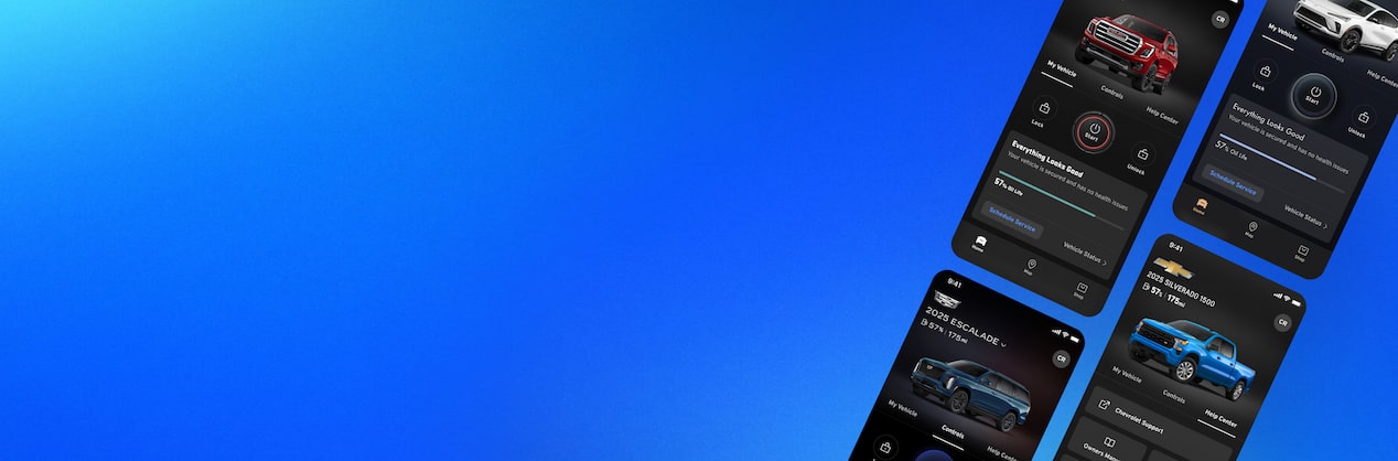 Four black smartphones displaying each of the GM Brands Mobile App. 